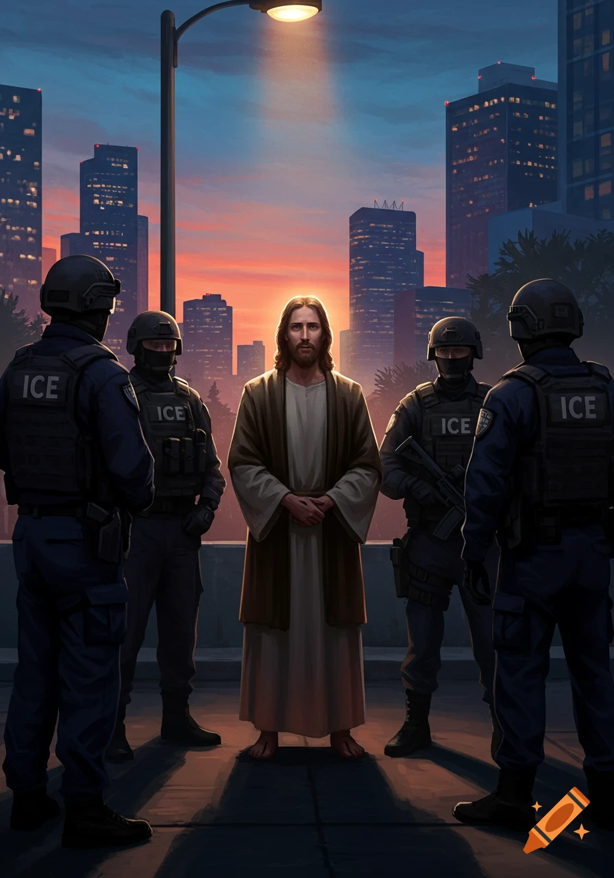 Jesus in robes stands barefoot under a street light, surrounded by four armed ICE agents in a city at dusk.