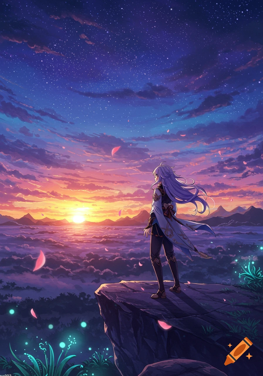 Anime character on a cliff overlooking a vibrant sunset and cloudy landscape with a starry sky.