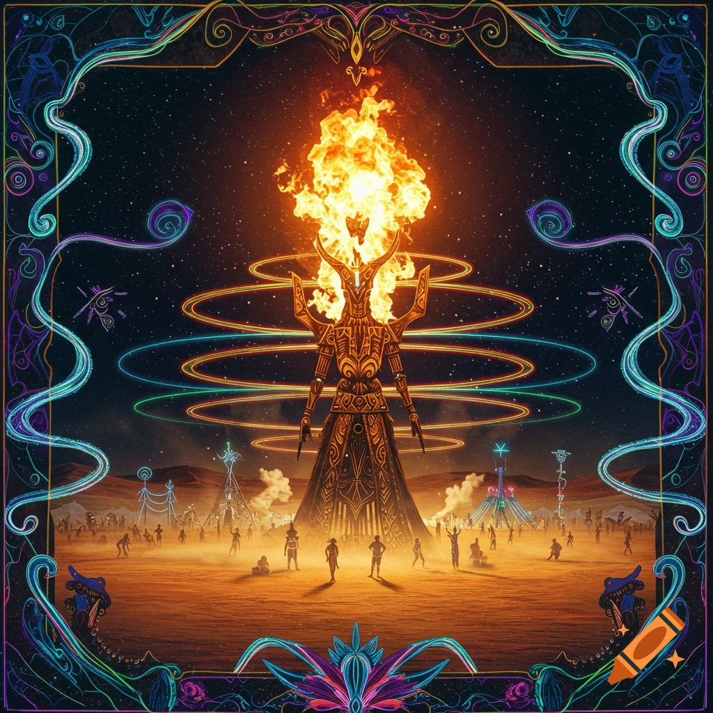 Stylized figure on fire at desert festival with neon rings and people under starry sky, in a colorful psychedelic frame.