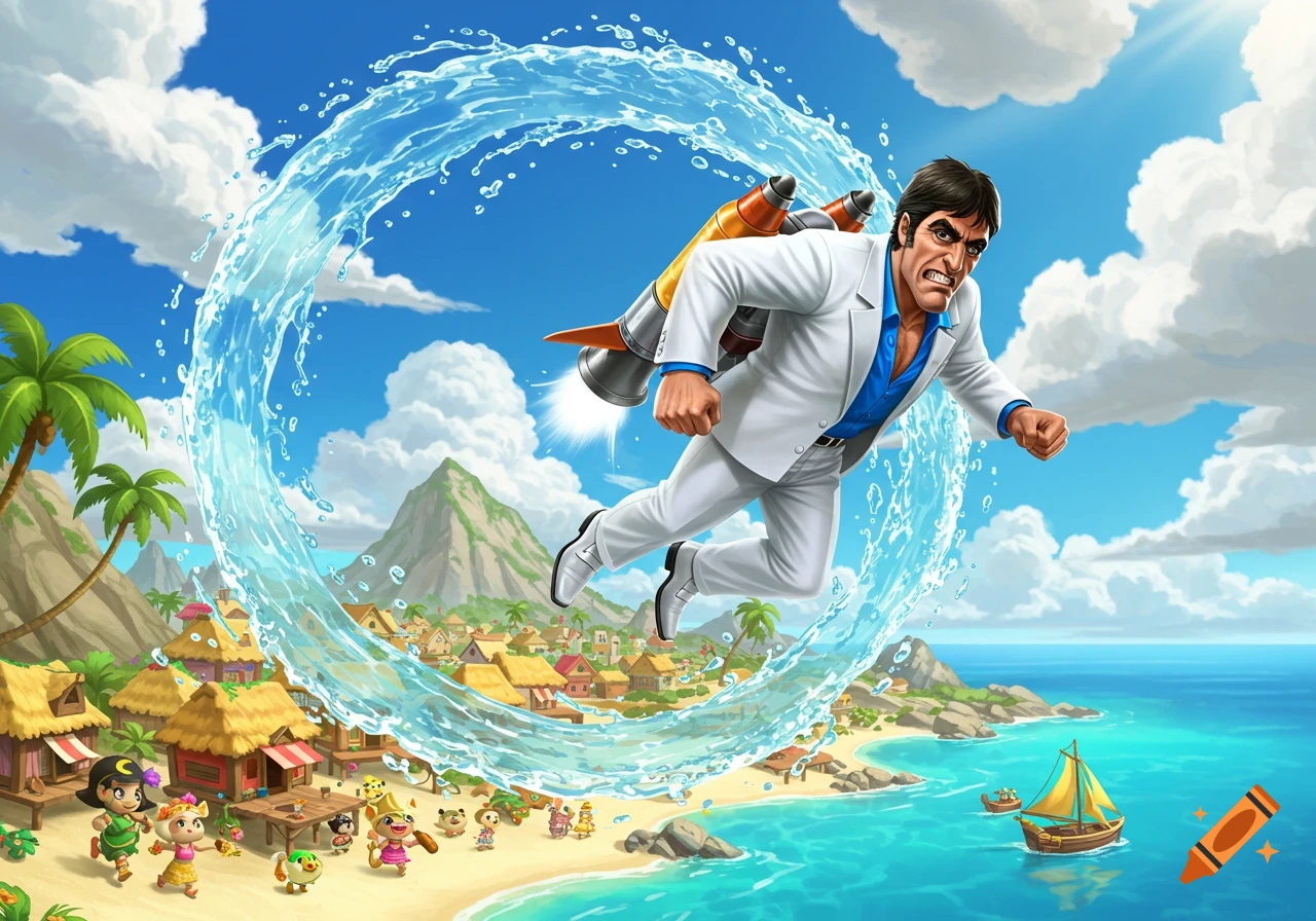 A cartoonish man resembling Tony Montana flies with a water jetpack through a swirling ring of water over a vibrant tropical island beach with a village and small characters.