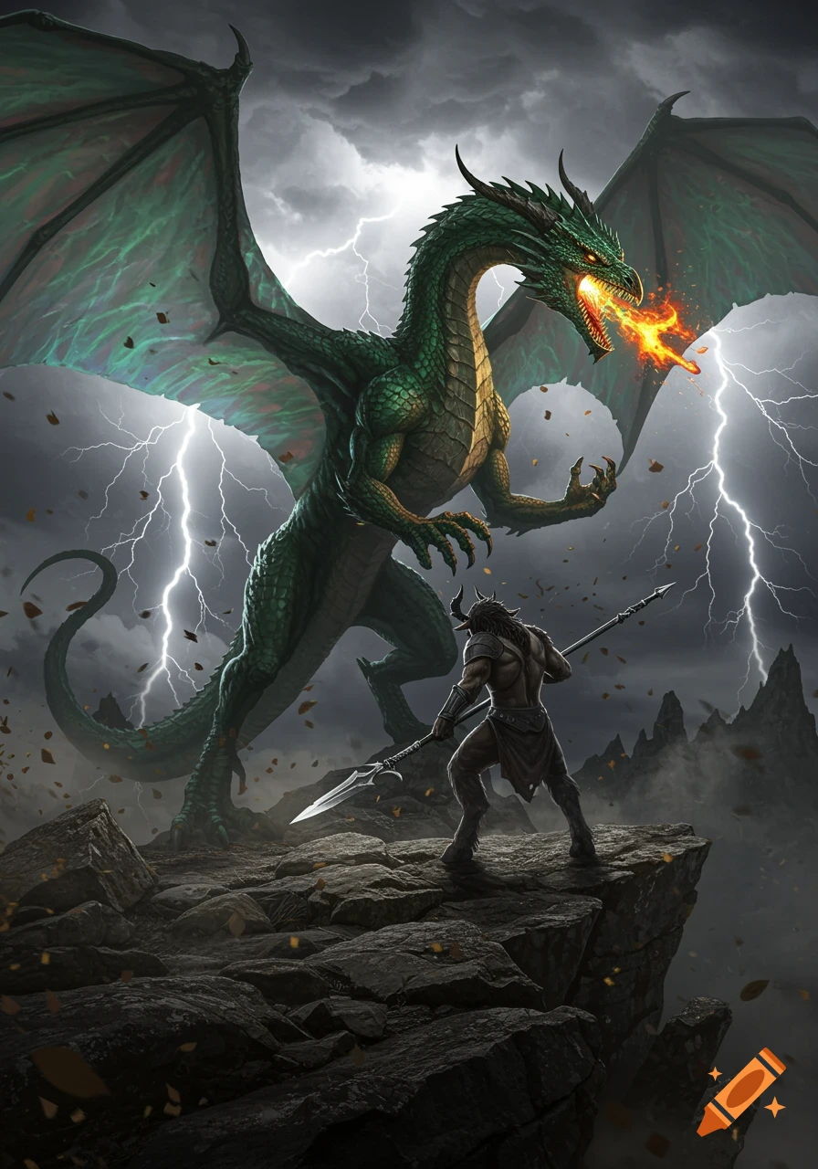 A large green dragon breathes fire, confronting a horned warrior holding a spear on a rocky cliff under a stormy sky with lightning.