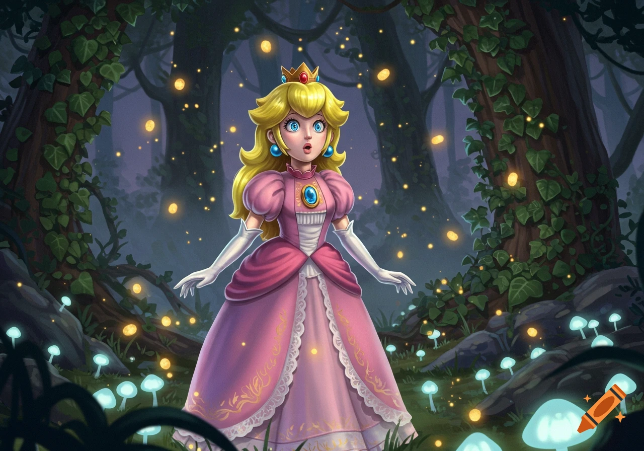 Princess Peach stands surprised in a dark, magical forest with glowing mushrooms and fireflies.