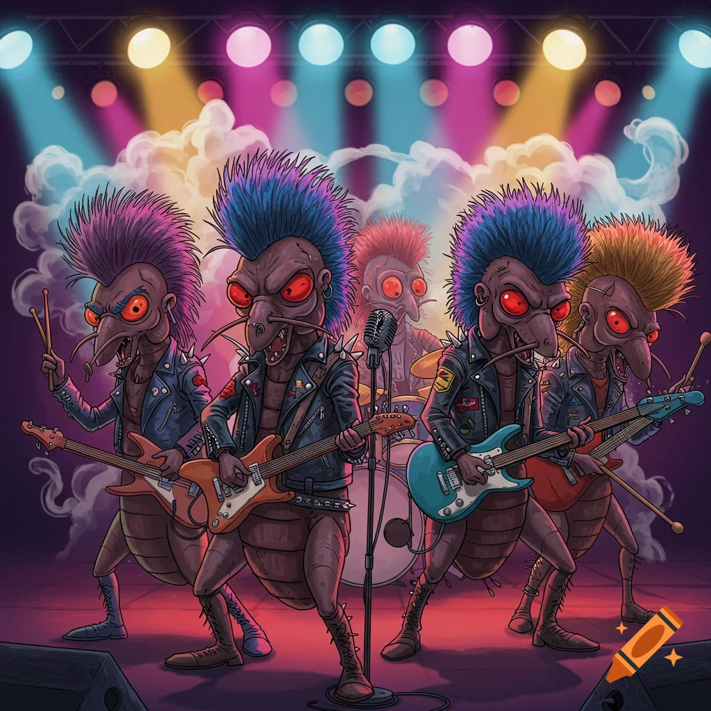 Four cartoon fleas with mohawks and leather jackets play instruments on a brightly lit stage, resembling a punk rock band.