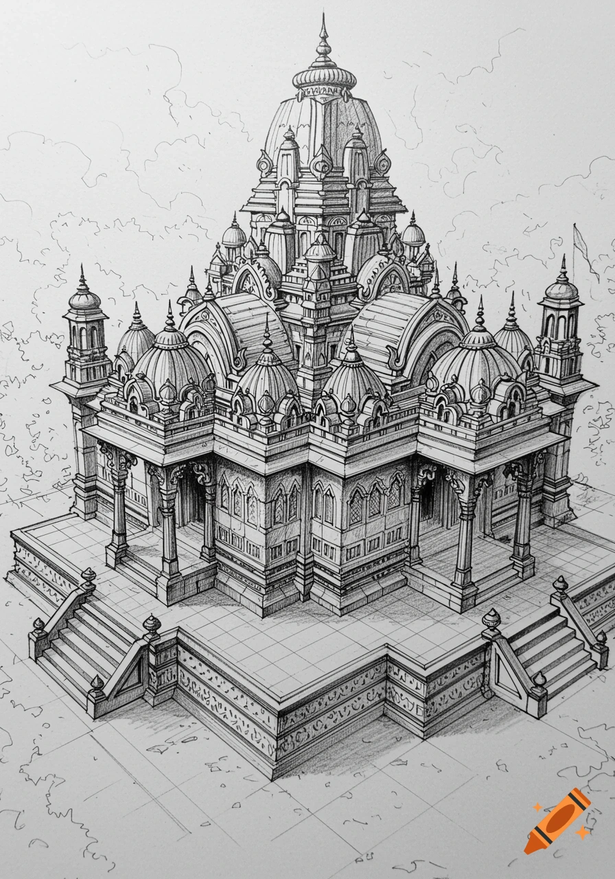 Detailed architectural sketch of a beautiful temple with multiple domes and ornate details, viewed from an overhead angle.