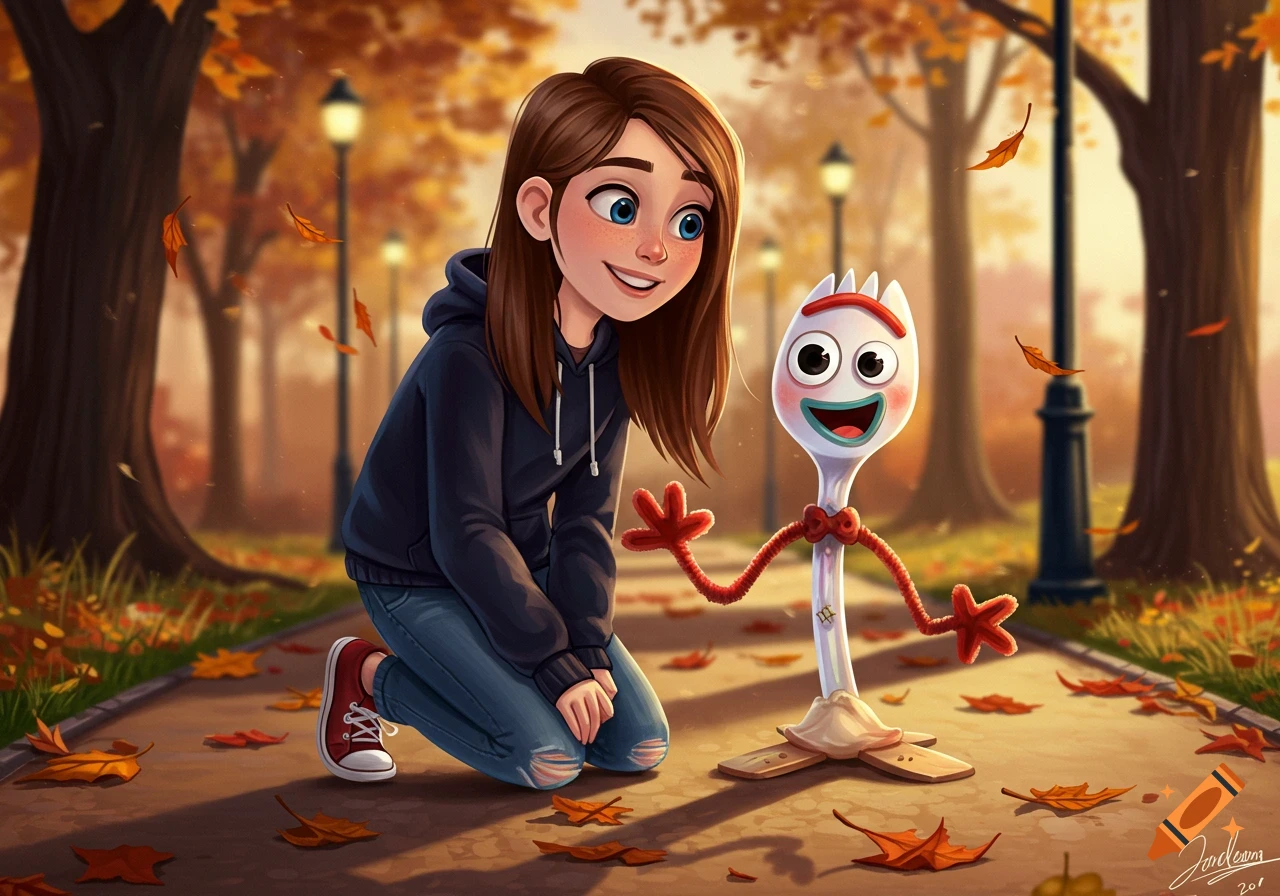 Cartoon girl with brown hair and blue eyes kneels next to Forky from Toy Story in an autumn park with falling leaves.