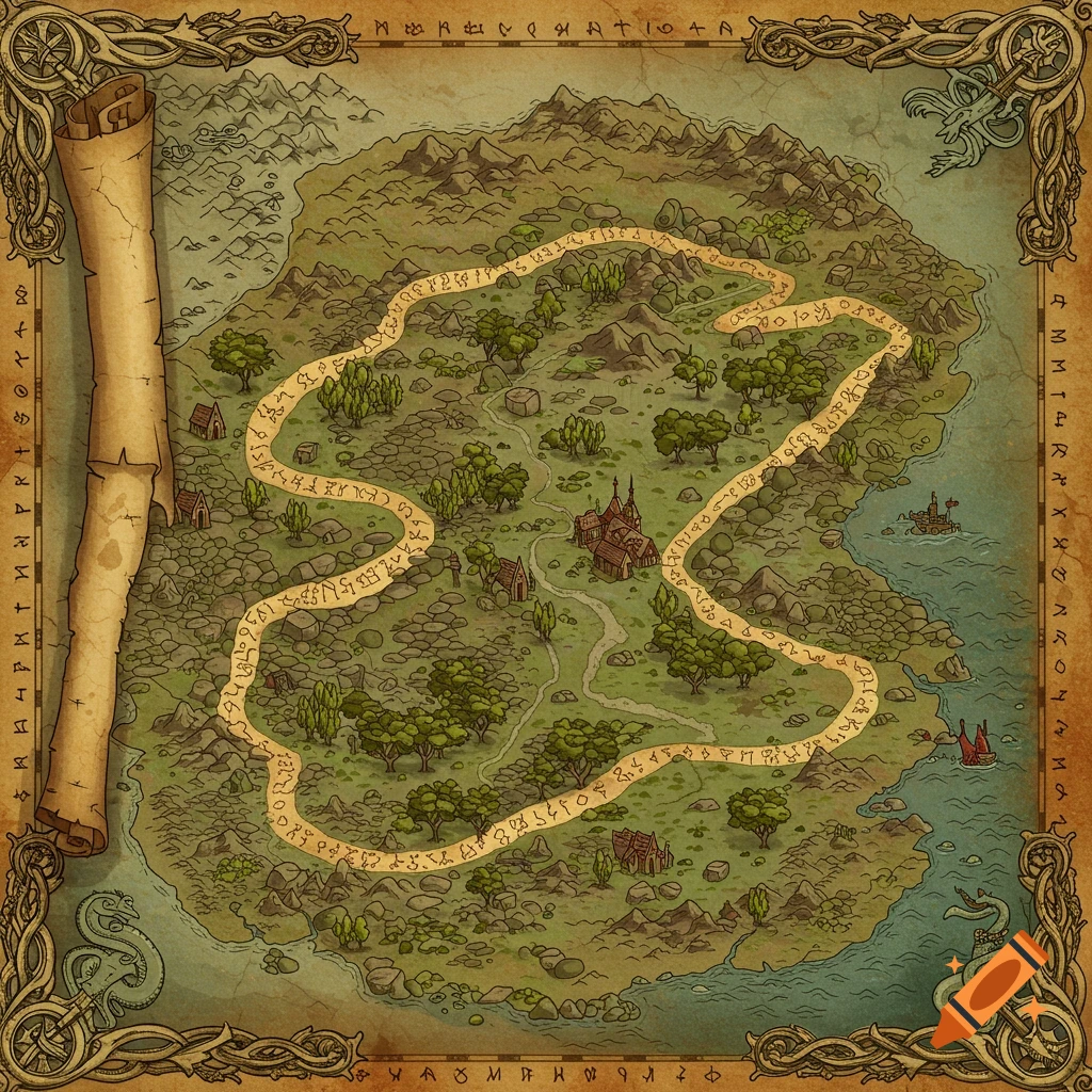 A hand-drawn mythical fantasy map of an island with mountains, forests, buildings, and a winding path of runes, framed by an ornate border and a scroll.