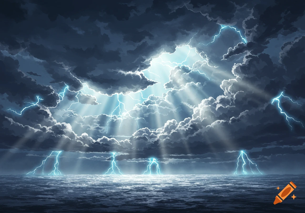 Anime style illustration of a stormy ocean with dark clouds, light rays breaking through, and blue lightning striking the water.