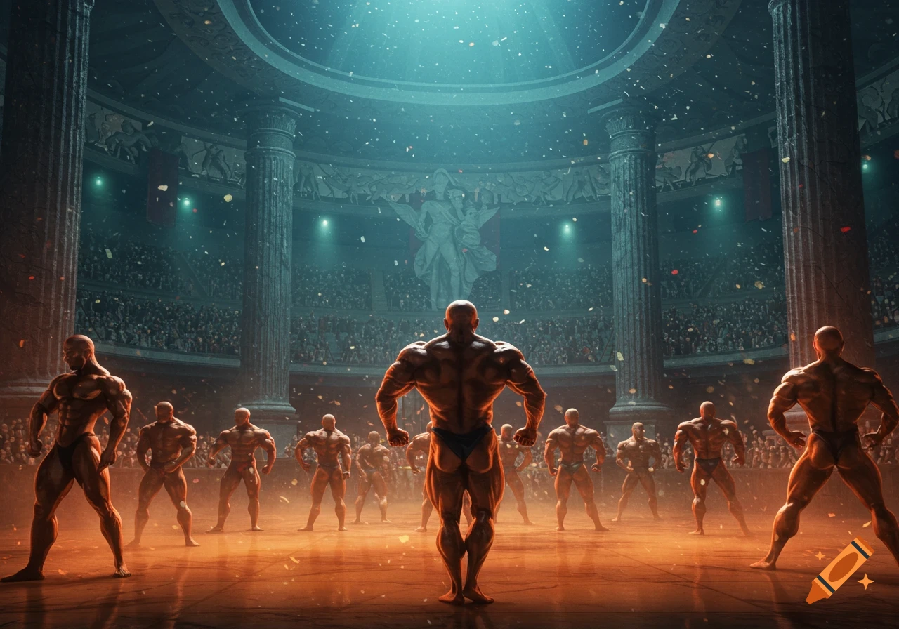 A group of muscular bodybuilders pose on a stage in a large, grand arena with classical columns and a statue, illuminated by spotlights and falling confetti.