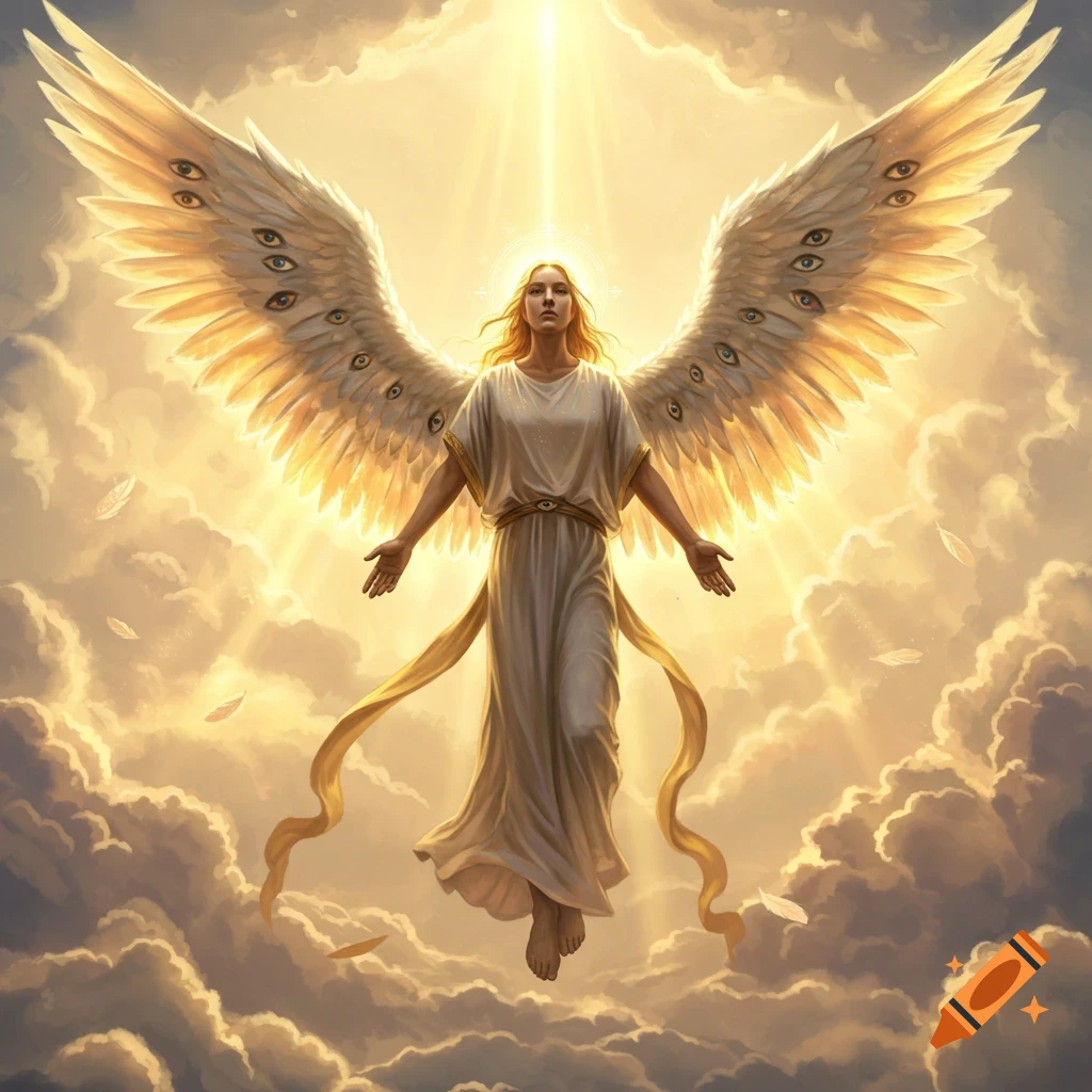 An ethereal angel with golden wings covered in multiple eyes floats amidst bright clouds and light rays.
