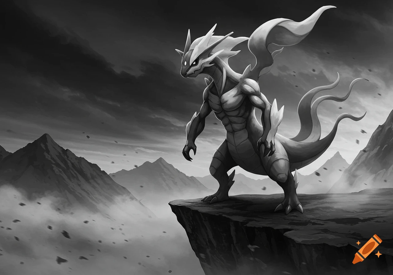 A grayscale image of a powerful dragon-like creature standing on a cliff overlooking misty mountains under a cloudy sky.