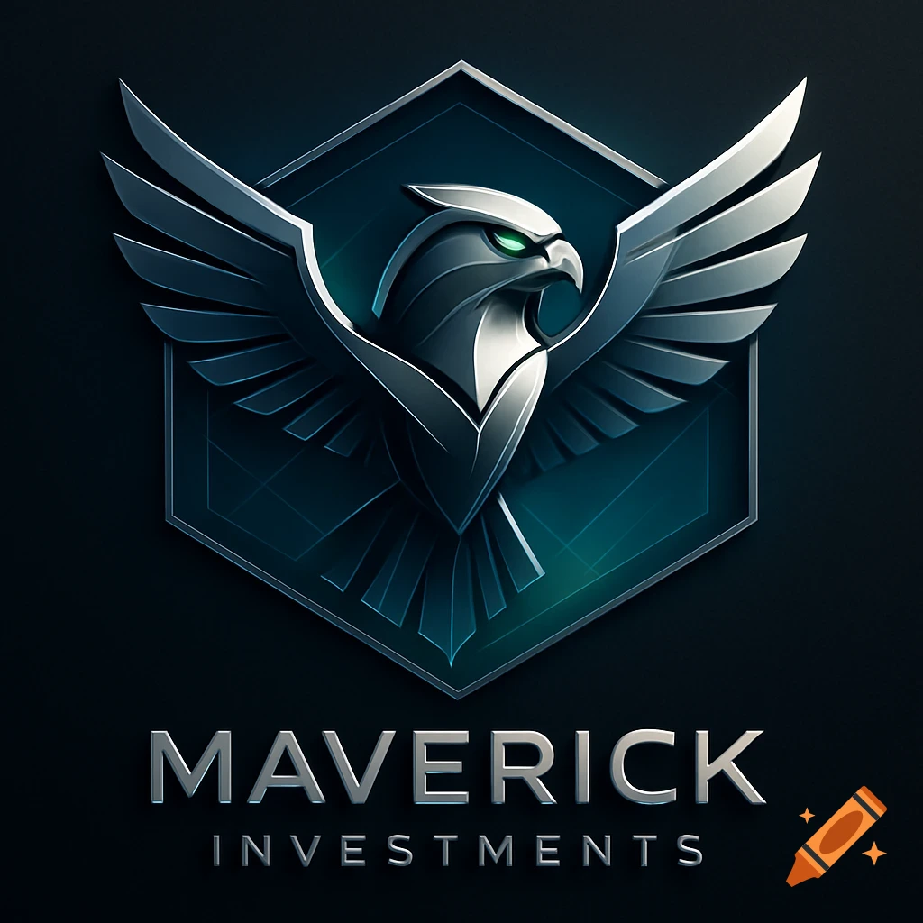 A sleek metallic eagle logo with green eyes on a dark hexagonal background, with MAVERICK INVESTMENTS text below.