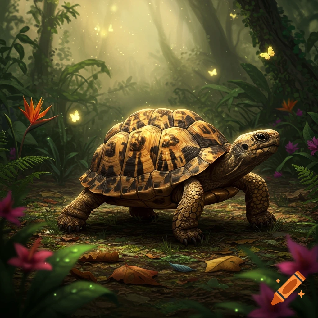 A detailed, photorealistic tortoise with a patterned shell stands in a lush, sunlit forest with glowing butterflies.