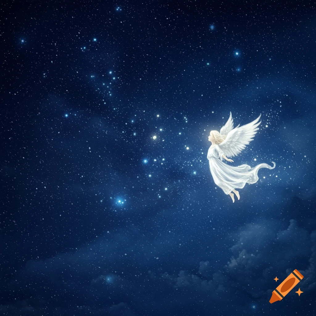 An ethereal angel with white wings and a flowing gown flies through a dark blue night sky filled with many glowing stars.