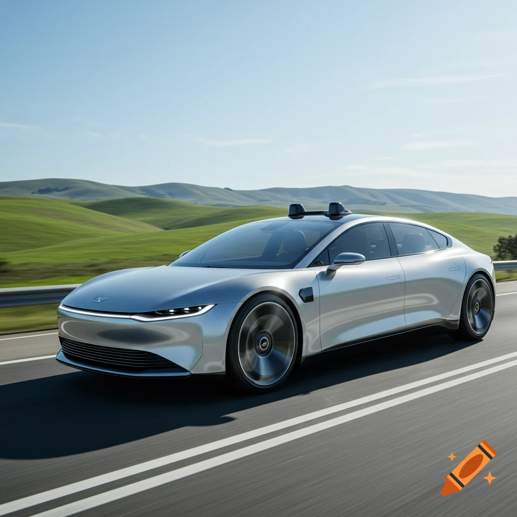 A sleek silver autonomous car drives on a highway past green rolling hills under a clear blue sky.