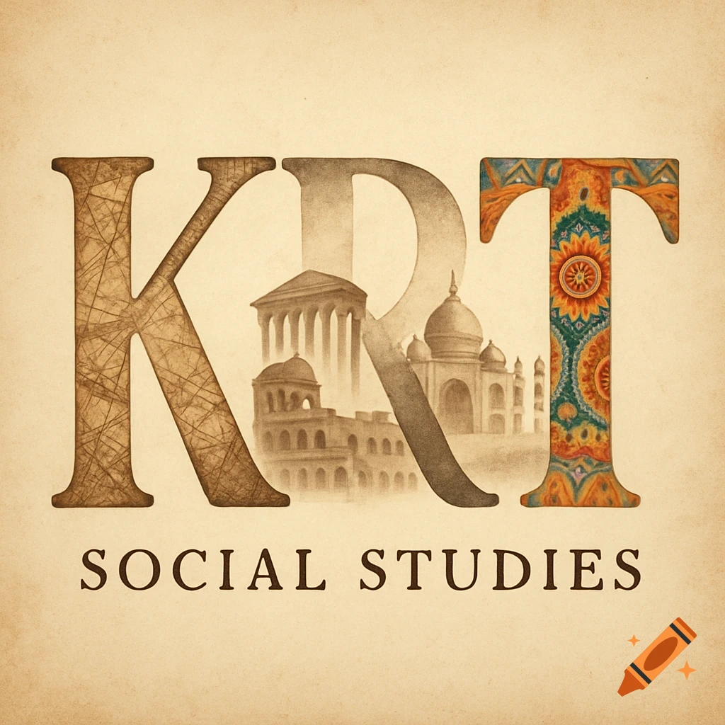Illustrated logo with large textured 'K', 'R' containing architectural landmarks, and patterned 'T' above 'SOCIAL STUDIES' text on a vintage background.