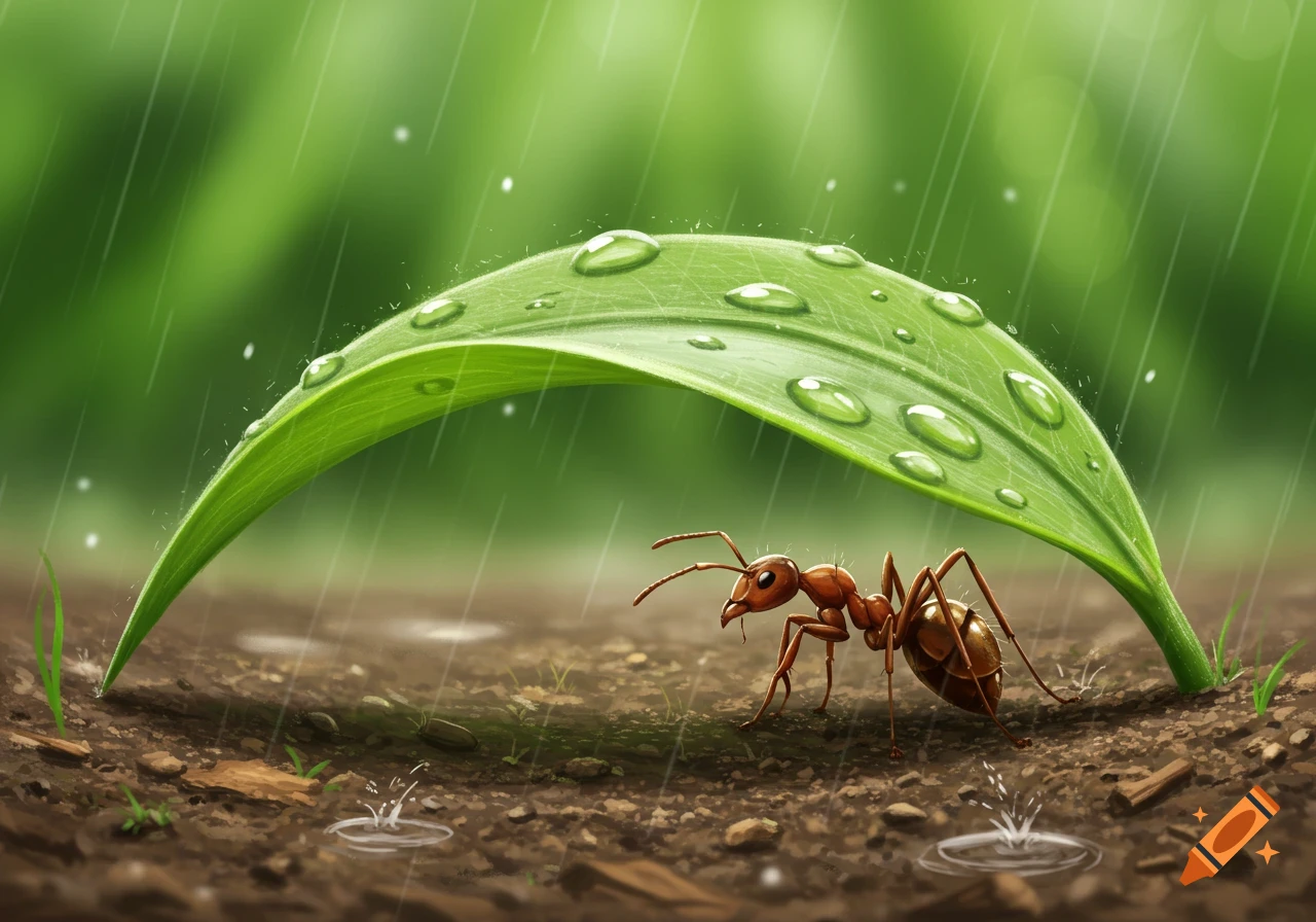 An ant shelters from the rain under a large green leaf, with raindrops falling and puddles forming on the wet soil below.