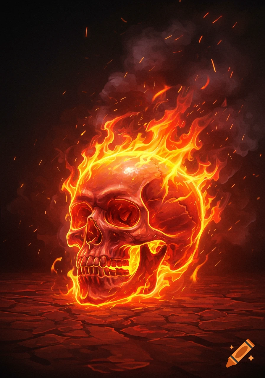A stylized digital illustration of a skull engulfed in bright orange and yellow flames, standing on cracked reddish ground against a dark background.