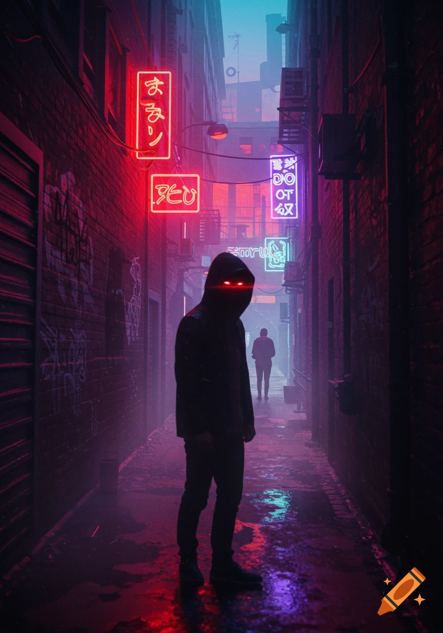 A hooded figure with glowing red eyes stands in a dark, neon-lit cyberpunk alleyway with another person in the distance. Vibrant pink and blue light reflects off the wet ground.
