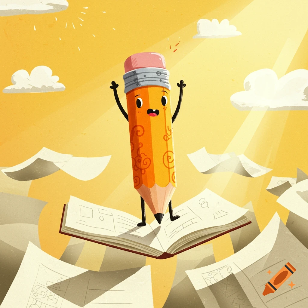A cheerful cartoon pencil with arms raised stands on an open book, surrounded by floating papers and clouds in a bright yellow sky.