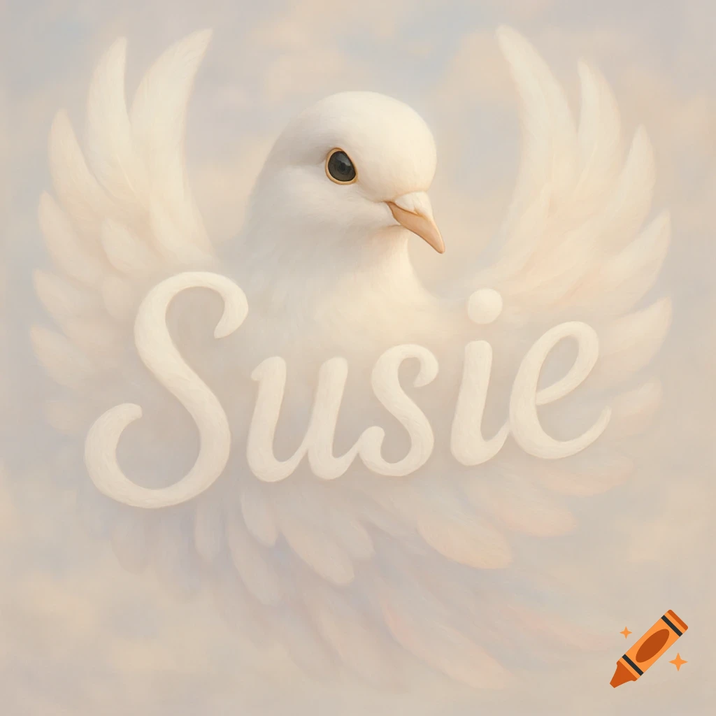 A majestic white dove with its wings forming the name 'Susie' in a soft, ethereal style.