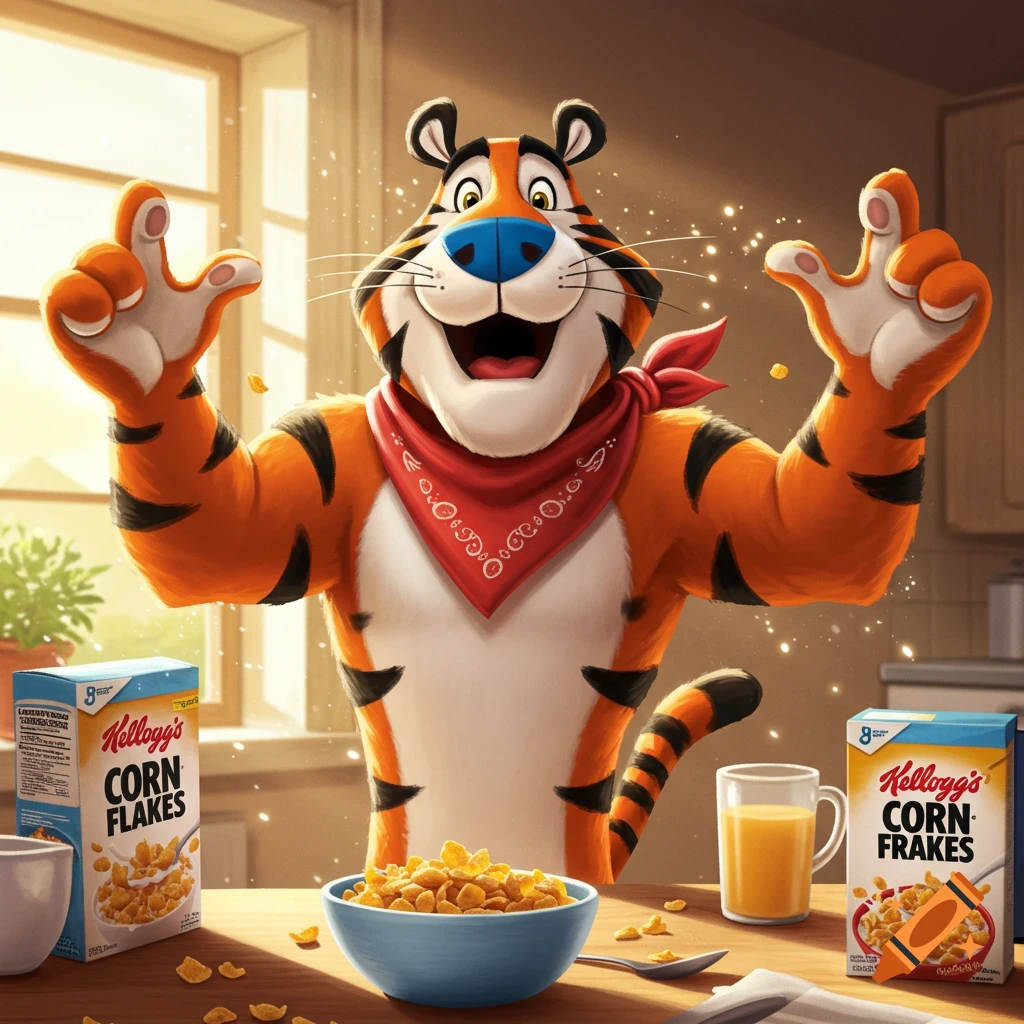 Tony the Tiger stands in a sunlit kitchen, excitedly holding his hands up next to a bowl of corn flakes.
