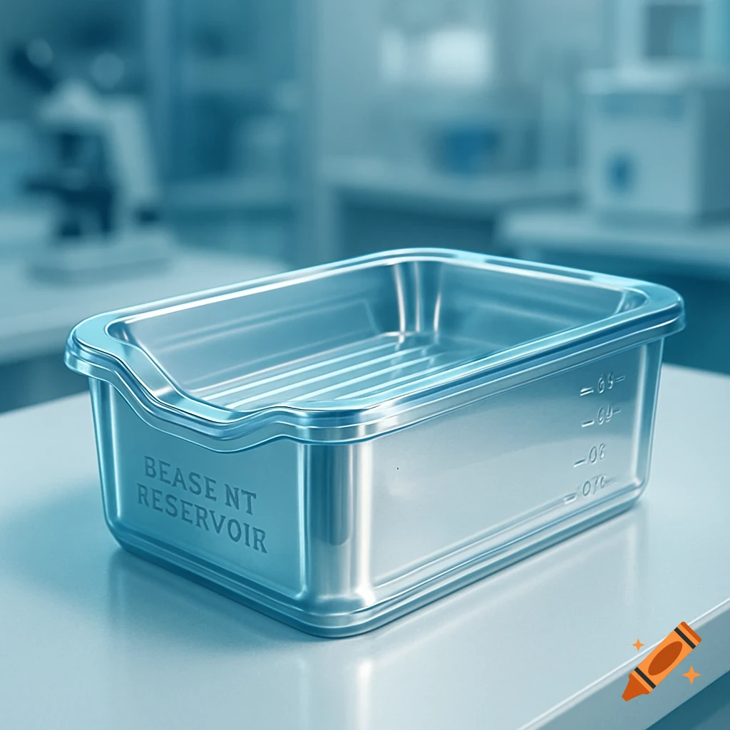 A photorealistic image of a metallic and clear plastic laboratory reagent reservoir on a lab counter with a blurred microscope in the background.