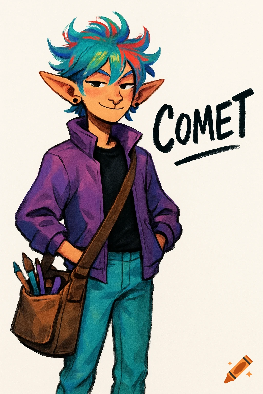 Illustration of a character with spiky blue, green, and red hair, pointed ears, wearing a purple jacket, teal pants, and a messenger bag with art supplies. The name 'COMET' is written beside them.