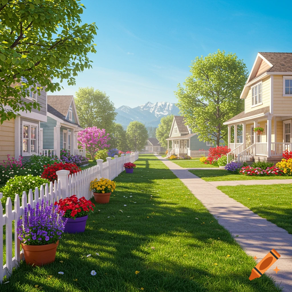 Sunny suburban street with colorful houses, green lawns, vibrant flowers, white picket fences, and distant snowy mountains.