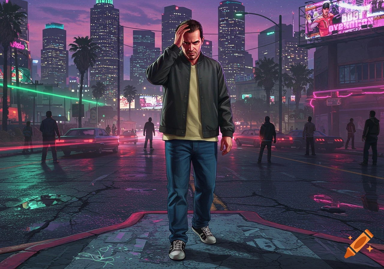 Franklin Clinton from GTA 5 looks stressed on a neon-lit urban street at dusk, digital art style.
