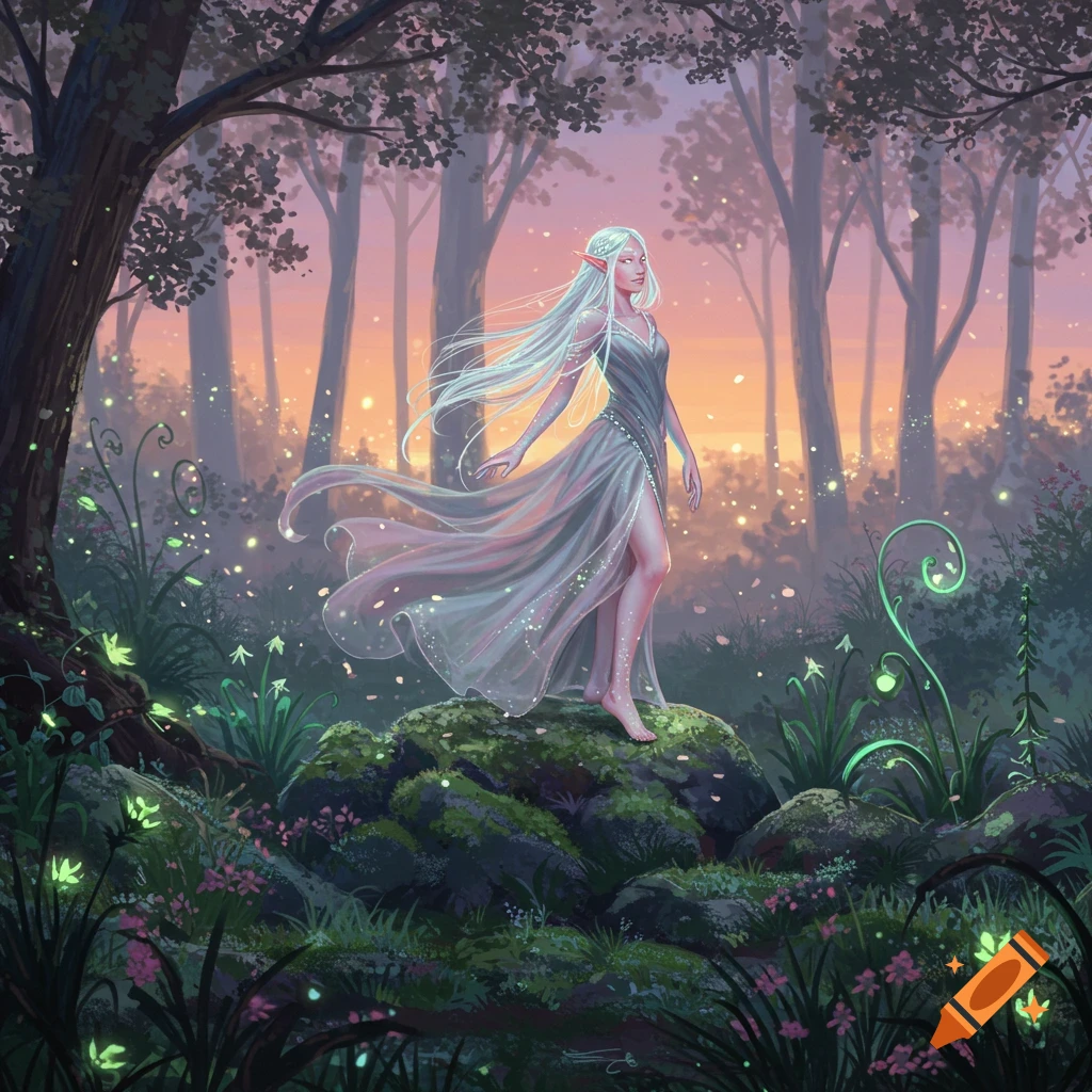 An elf woman in a flowing dress stands on a mossy rock in an enchanted forest at sunset, with glowing plants and fireflies.
