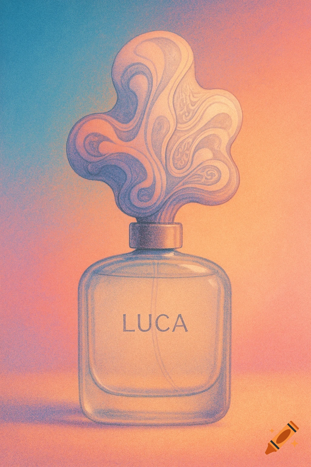 A digital illustration of a perfume bottle with an ornate, surreal cap, labeled 'LUCA', on a blue and peach gradient background with grain texture.
