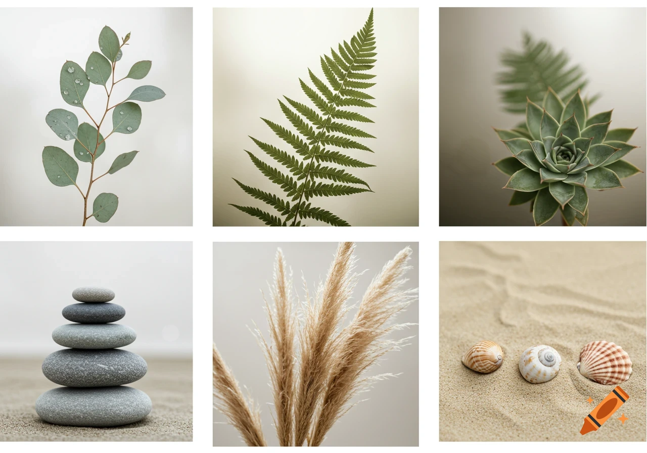 A grid of six minimalist nature photographs: eucalyptus leaves, a fern, a succulent, pampas grass, stacked stones, and seashells on sand.