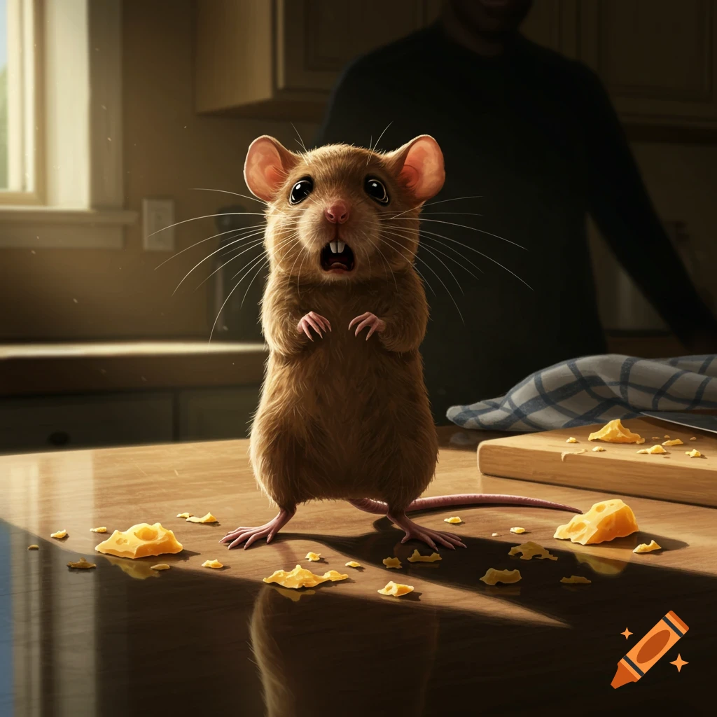 Photorealistic image of a startled mouse standing on a kitchen counter surrounded by scattered cheese, with a blurred human figure in the background.