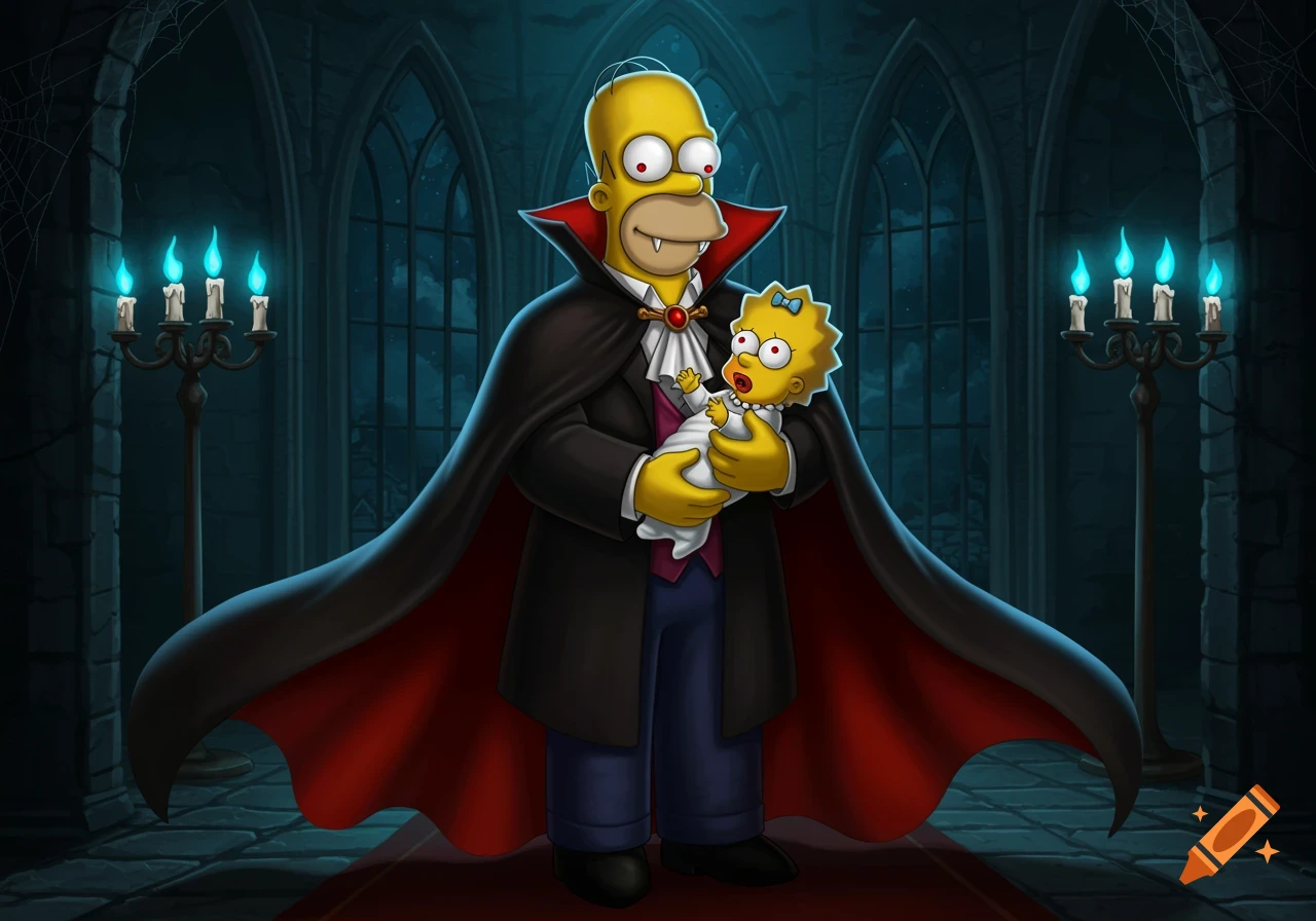 Homer Simpson as a vampire, holding baby Maggie, stands in a dark gothic castle room with blue glowing candelabras.