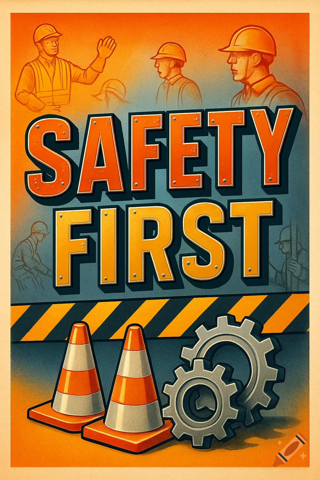 A vintage-style poster illustration with three construction workers, two traffic cones, and gears. Bold orange text reads 'SAFETY FIRST' on a blue-grey background.