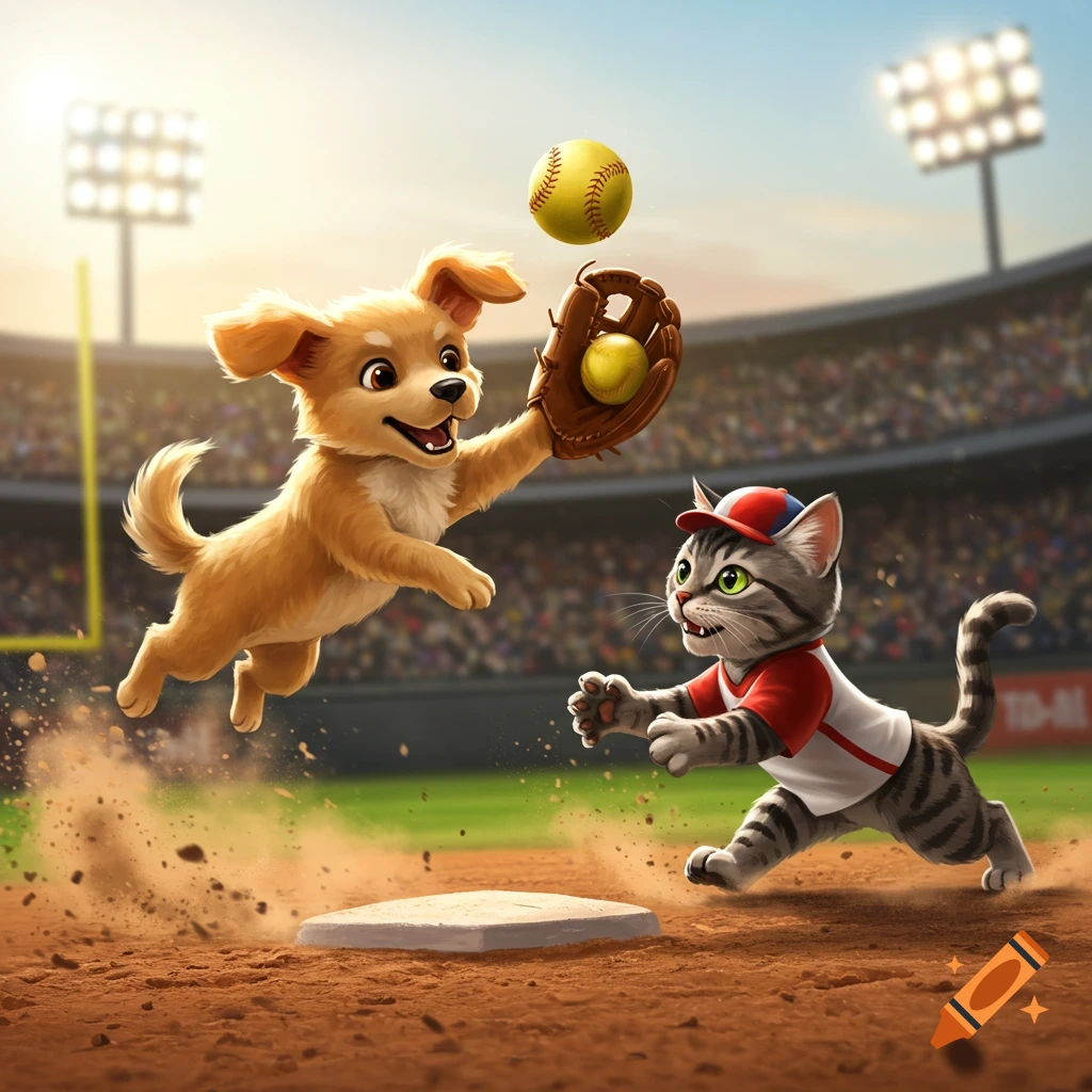 A cute cartoon dog in a baseball glove leaps to catch a softball as a cat in a baseball uniform runs on a baseball field during a game.