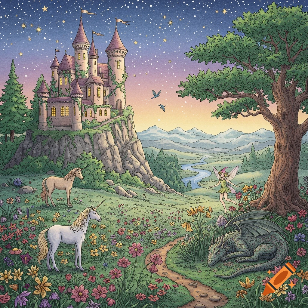A fantasy coloring book illustration featuring a castle on a cliff, unicorns, a dragon, and a fairy in a wildflower field at dusk.
