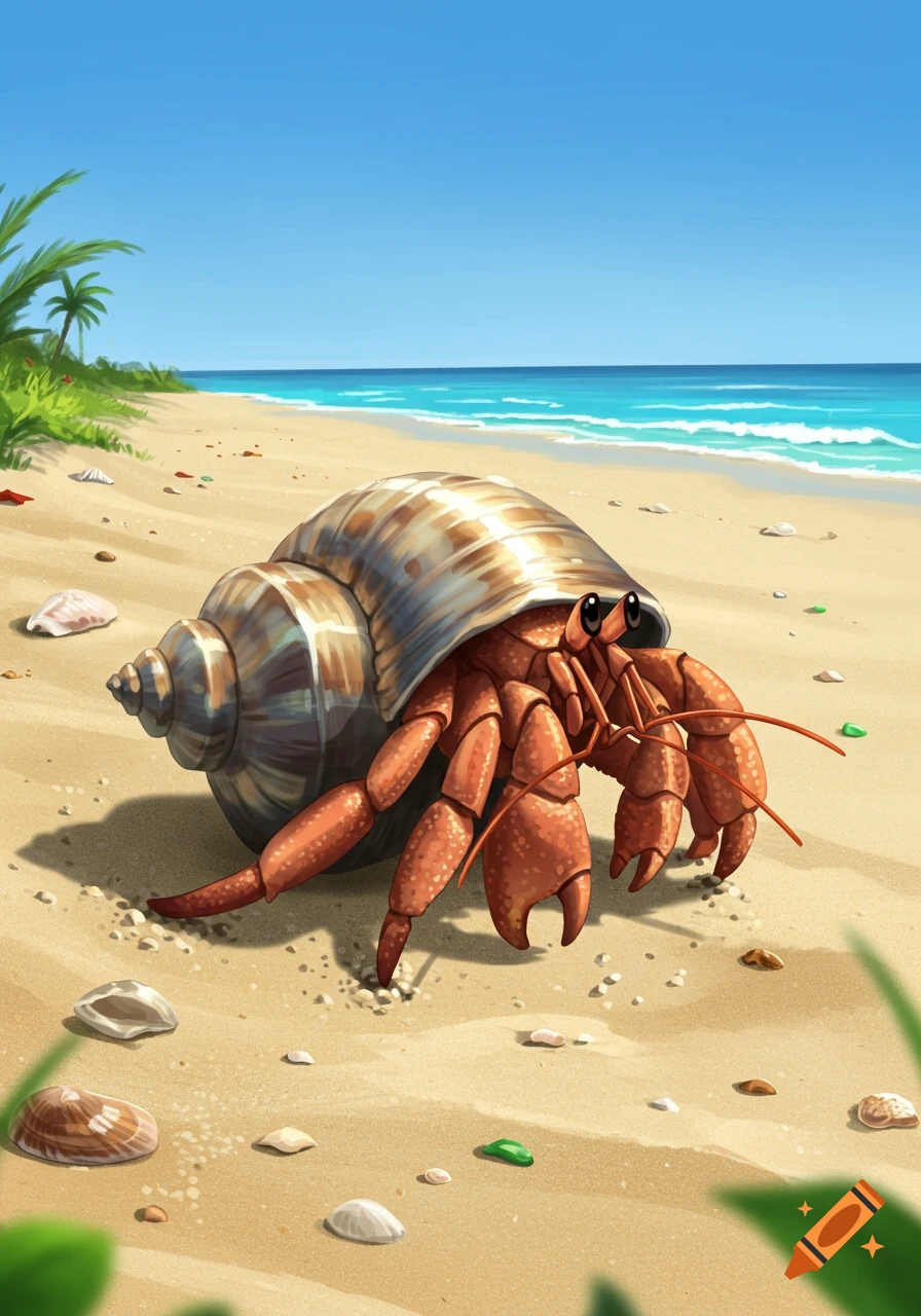 A stylized cartoon hermit crab with a large shell on a sandy beach under a blue sky, with the ocean in the background.