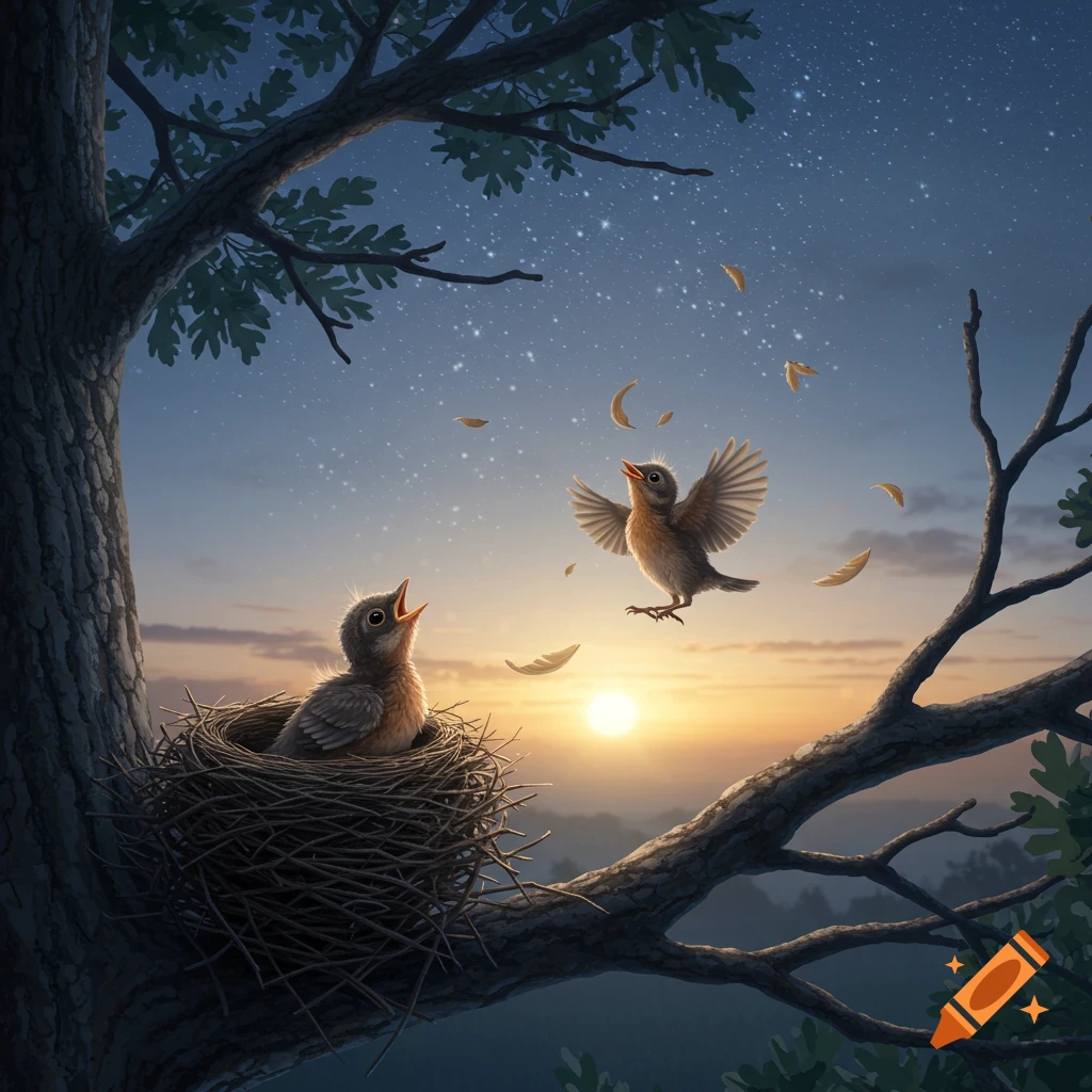 A baby bird sits in a nest on a tree branch, looking up at another baby bird flying in a starlit, sunset sky with feathers floating.