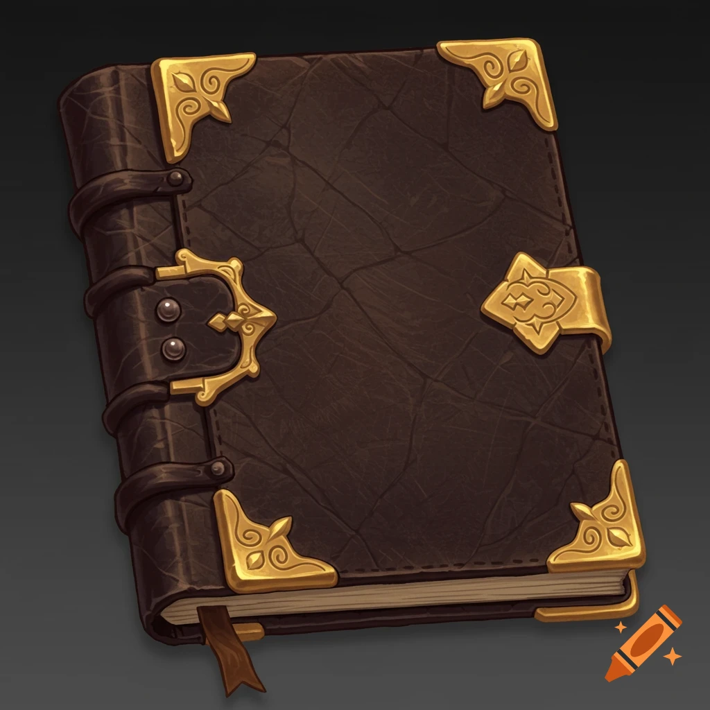 A detailed fantasy-style brown leatherbound book with ornate gold corner pieces, buckle clasp, and a bookmark peeking out.