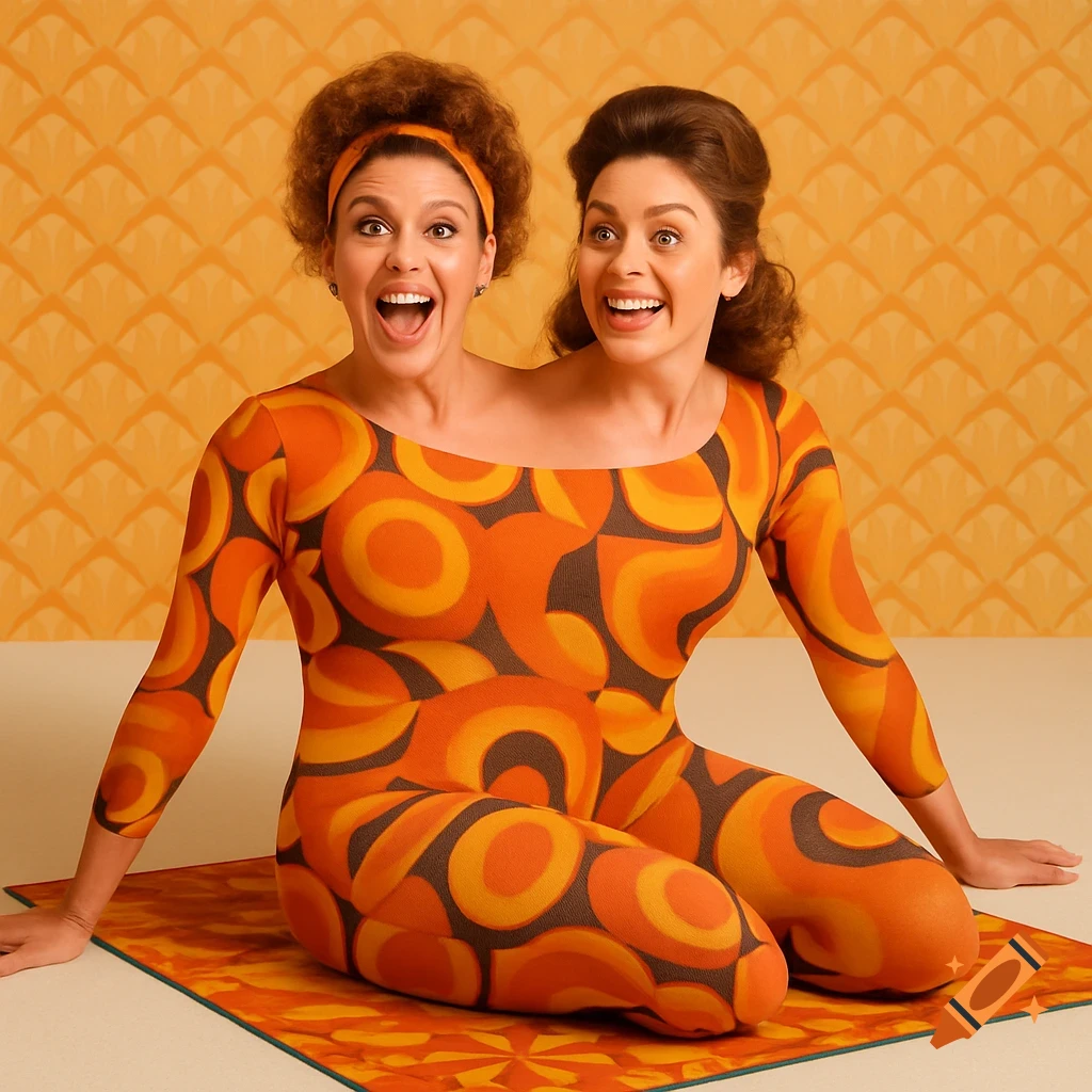 A smiling two-headed woman in a vibrant orange and brown 1970s-style patterned jumpsuit sits on an exercise mat against a yellow patterned wall.