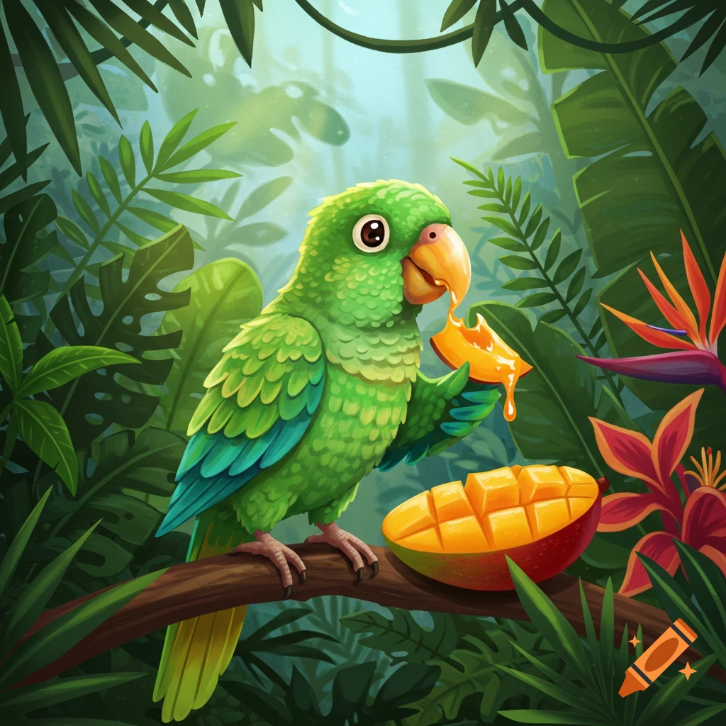 A cute green cartoon parrot with a yellow beak eats a piece of mango while perched on a branch in a lush jungle.