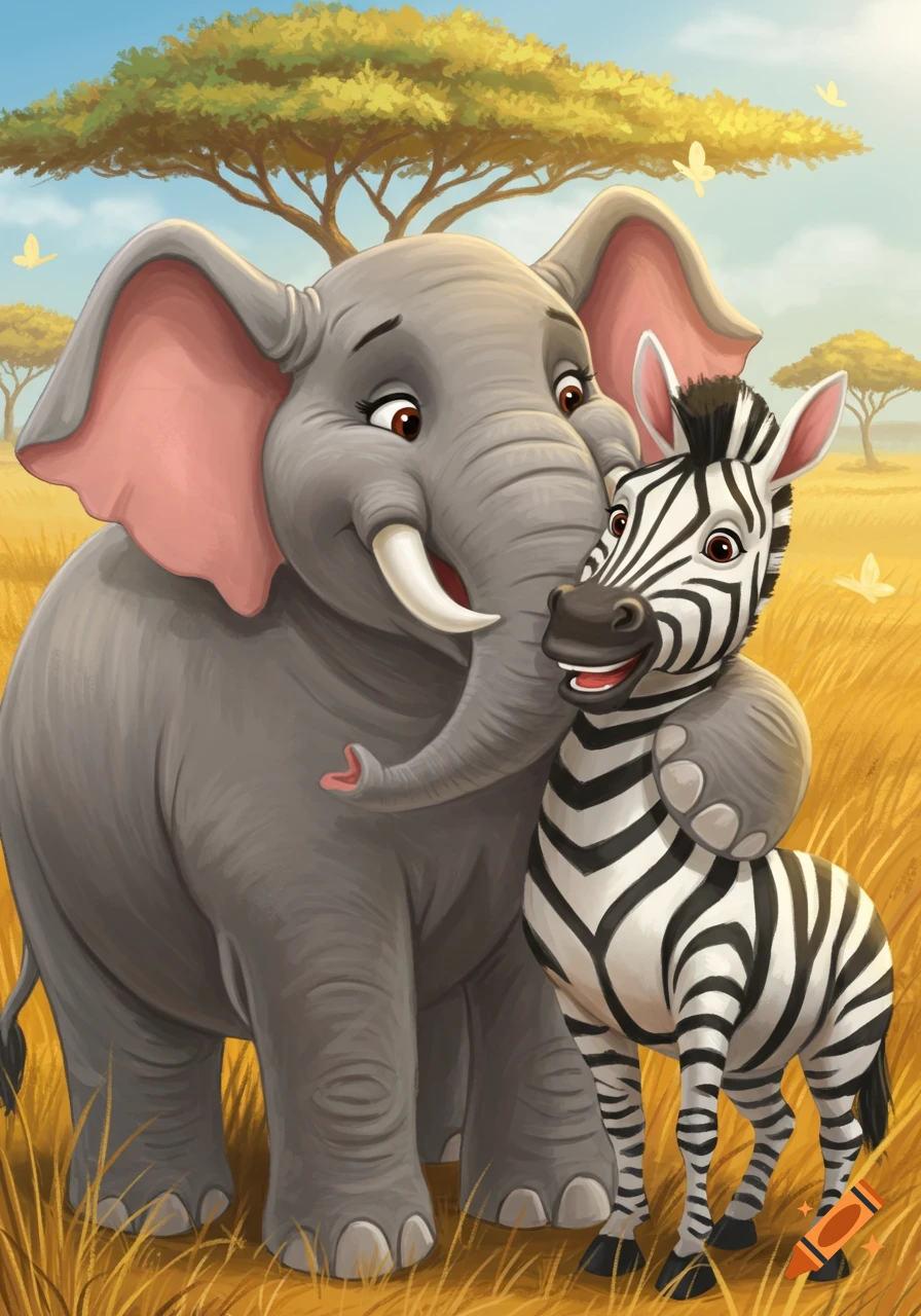 A cute cartoon elephant with large ears and tusks gently hugs a smaller cartoon zebra with its trunk in a savanna landscape.