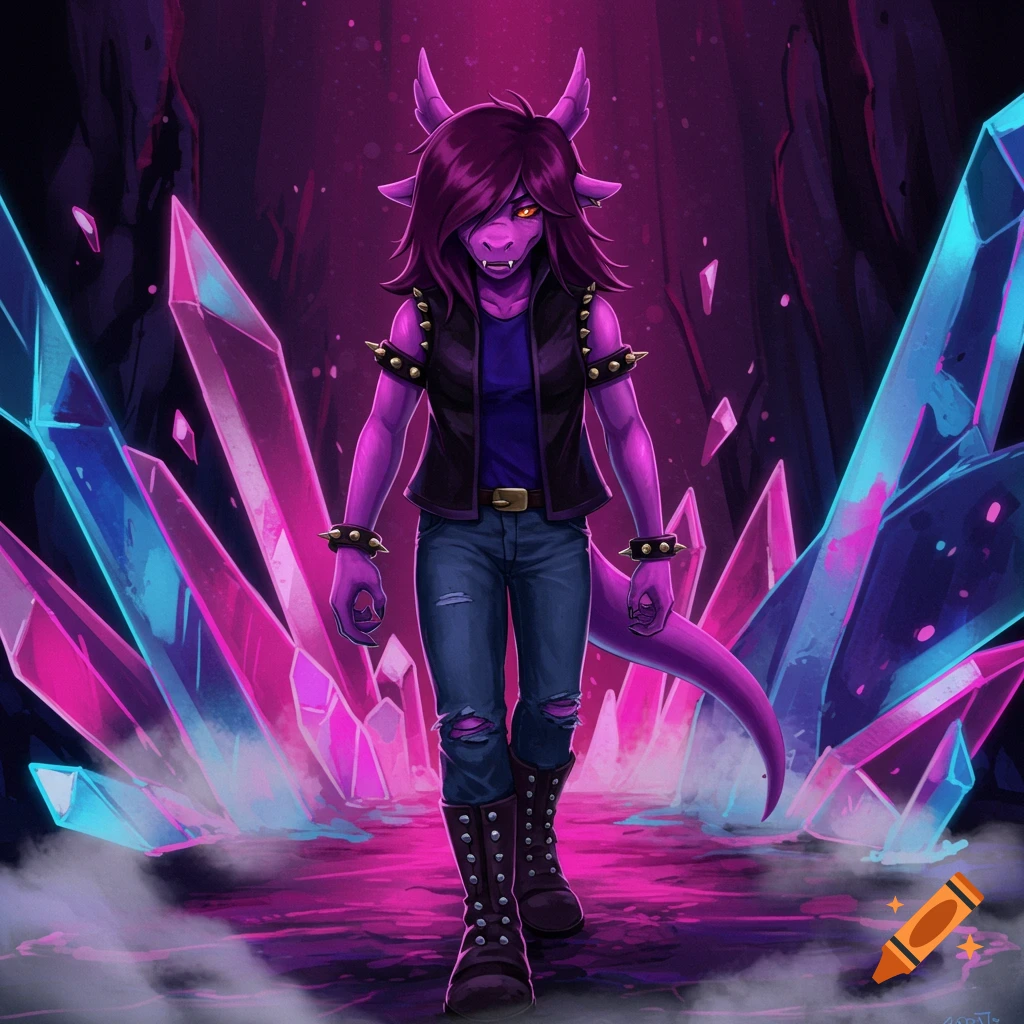 Digital art of Susie from Deltarune, a purple horned character, walking through a dark cave lit by glowing pink and blue crystals.