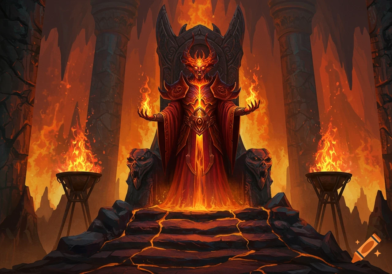 A fiery demonic lord sits on a throne, summoning fire in a lava-filled underworld. Digital painting.
