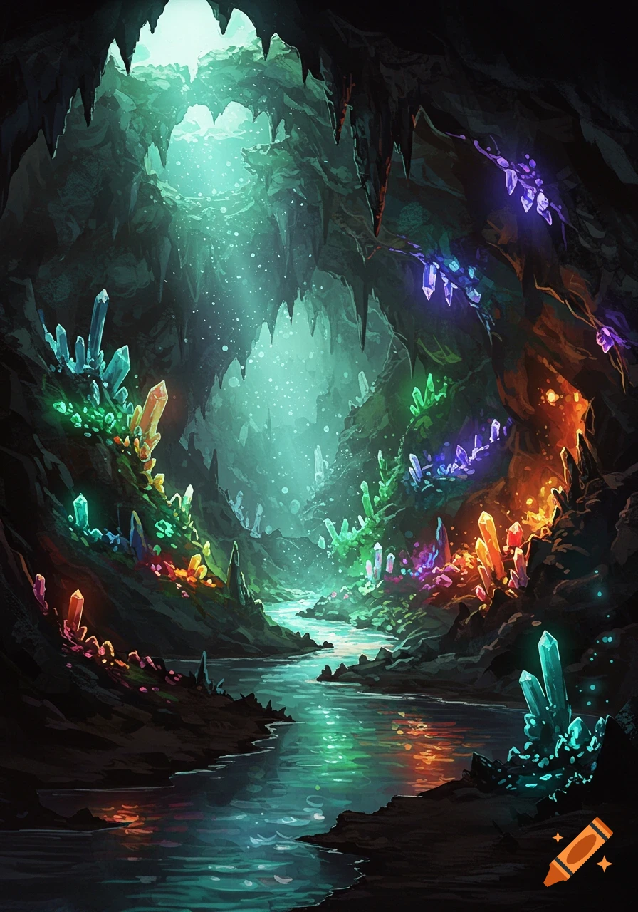 A glowing, fantastical cave with a river flowing through it, illuminated by many colorful, sparkling crystals.