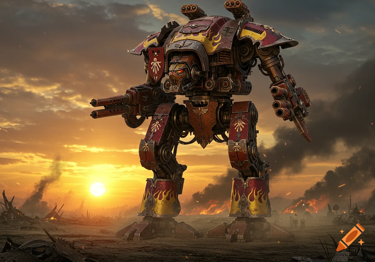 A Warhammer 40k Warhound Titan with a red and yellow hot rod paint job stands on a desolate battlefield at sunset.