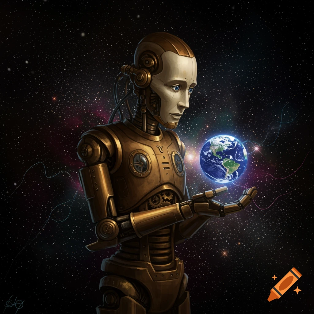 A steampunk-style robot with a human-like face, looking sad, holds a glowing Earth in its hands against a starry, distorted cosmic background.