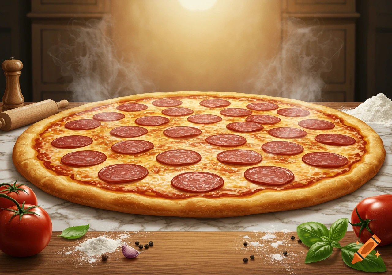 Photorealistic close-up of a steaming pepperoni pizza on a marble and wood counter, with tomatoes, basil, flour, and a rolling pin.