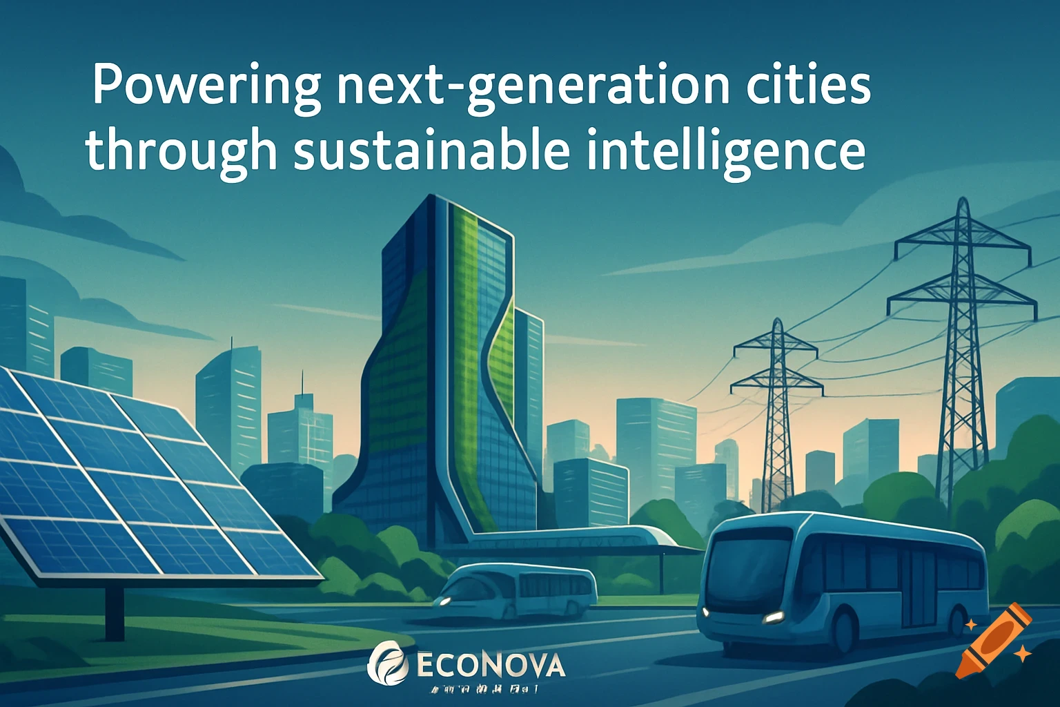 Illustrative depiction of a modern sustainable smart city with solar panels, electric buses, and futuristic buildings under a clear sky.